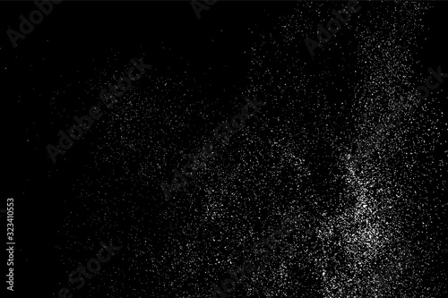 White Grainy Texture Isolated On Black Background. Dust Overlay. Light Coloured Noise Granules. Snow Vector Elements. Digitally Generated Image. Illustration, Eps 10.