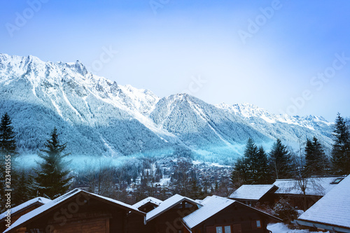View of Chamonix village and Le Brevent mountain during winter day  Auvergne-Rhone-Alpes region in south-eastern France