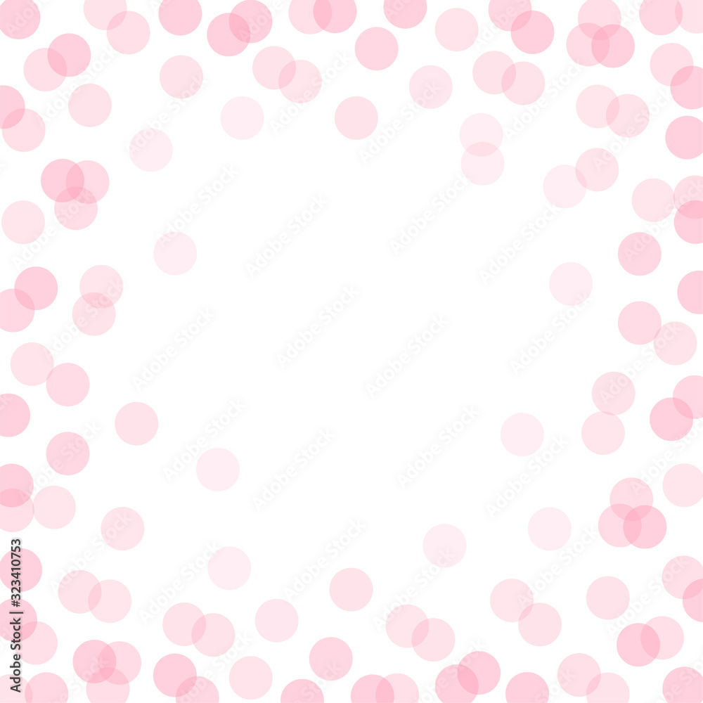 Vector polka dot square frame with flat candy pink transparent overlapped circles. Festive party background. Modern hipster happy birthday backdrop with round shapes