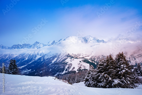 Peaks covered with cloud in Mont-Blanc, Chamonix region, Auvergne-Rhone-Alpes in south-eastern France © Sergey Novikov