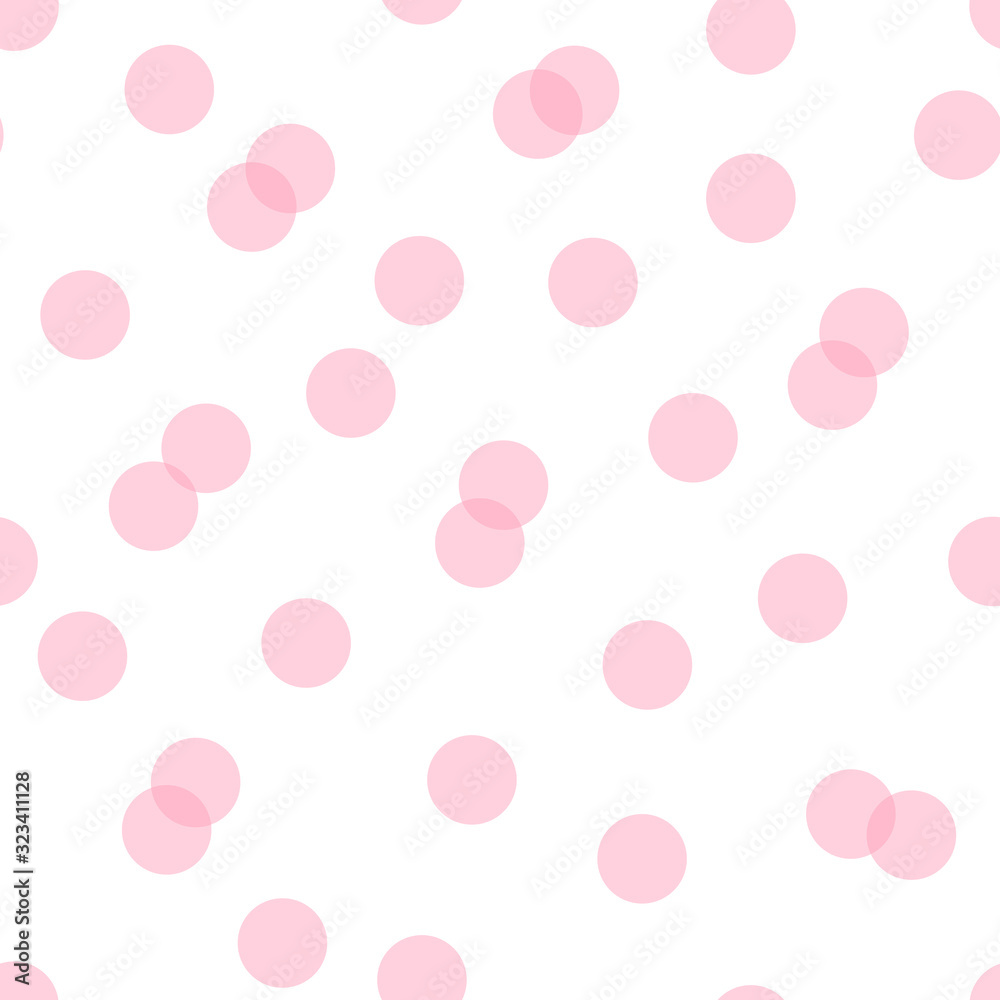 Seamless vector polka dot pattern with flat candy pink transparent overlapped circles. Festive party background. Modern hipster happy birthday backdrop with round shapes