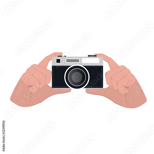 Photo camera. Camera in hand. Vector illustration