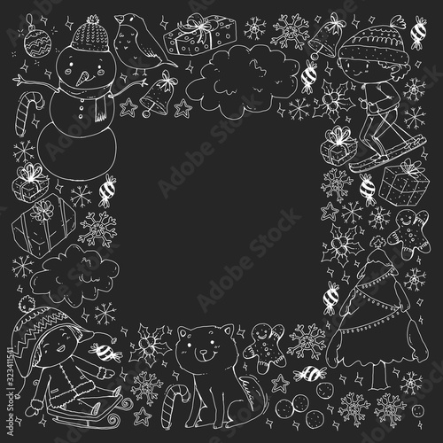 Christmas pattern with little children. Santa Claus and snowman. Ski, sledge, ice skating.