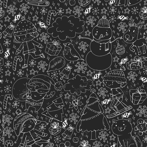 Christmas pattern with little children. Santa Claus and snowman. Ski, sledge, ice skating.