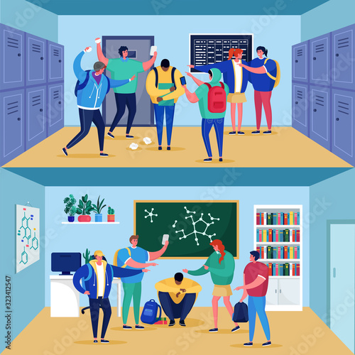 Bullying at school with sad cuacasian boy teenager being bullied by classmates in high school vector illustration. Bullies students teenagers in class teasing and laughing at their victim boy alone.