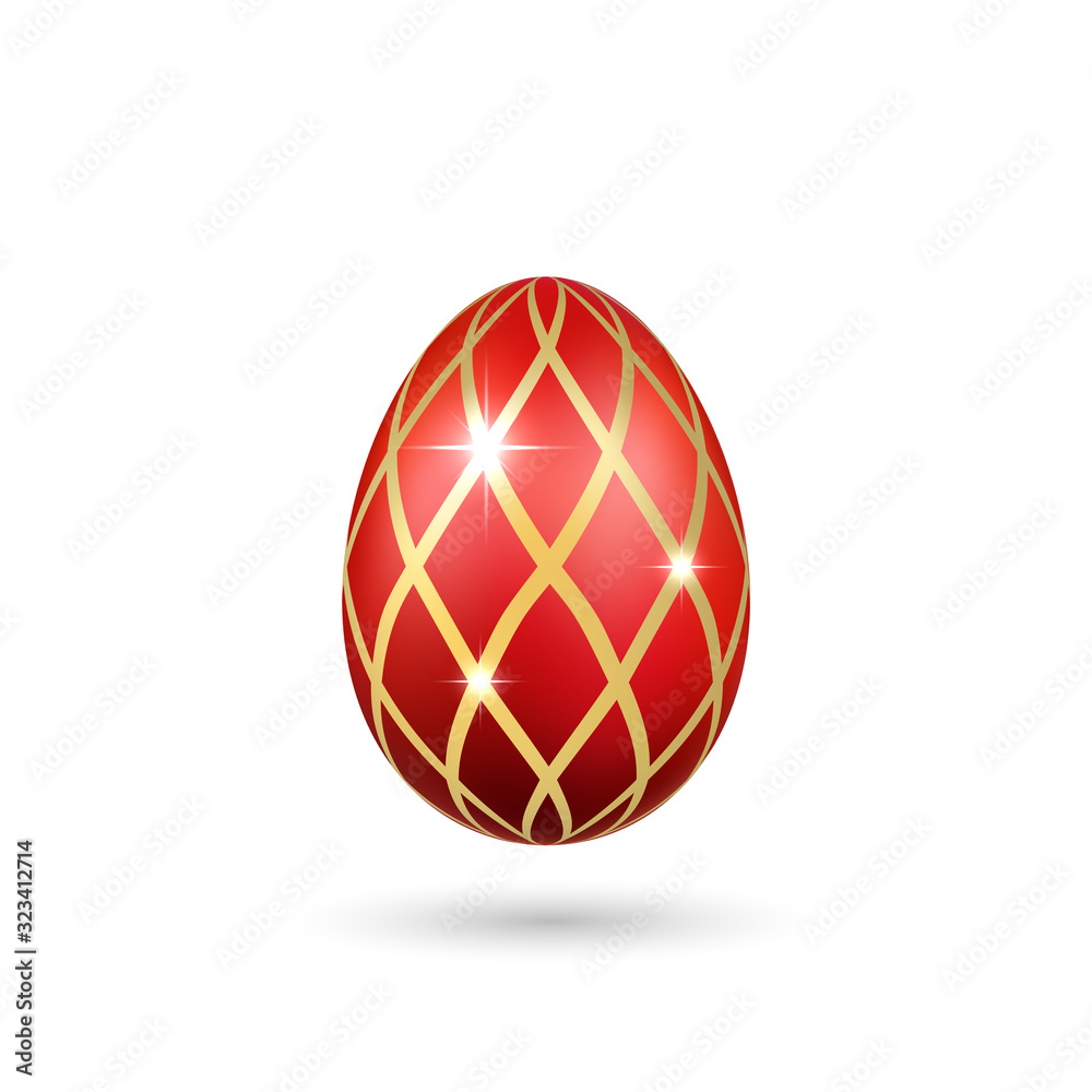 Easter egg 3D icon. Red gold egg, isolated white background. Bright realistic design, decoration for Happy Easter celebration. Holiday element. Shiny pattern. Spring symbol. Vector illustration