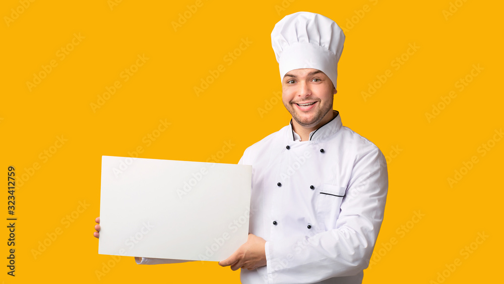 Chef Holding Blank White Poster Standing Over Yelllow Background, Panorama Chef Holding Blank White Poster Standing Over Yelllow Background, Panorama