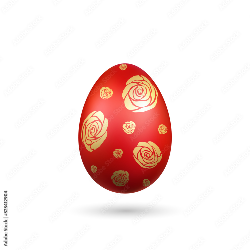 Easter egg 3D icon. Red gold egg, isolated white background. Bright realistic design, decoration for Happy Easter celebration. Holiday element. Shiny pattern. Spring symbol. Vector illustration