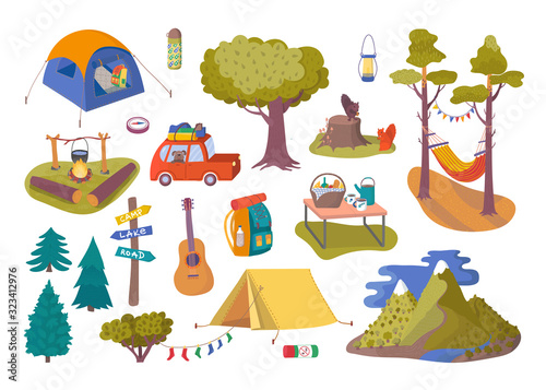 Forest picnic and camping collection set for trip vector illustration. Hiking and trip of camping with travel car, tent in the forest, guitar, trees, backpack and bonfire, picnic camp food.