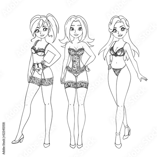 Three girls wearing lingerie. Hand drawn vector illustration. Can be used for fashion magazine, coloring book, paper doll, etc