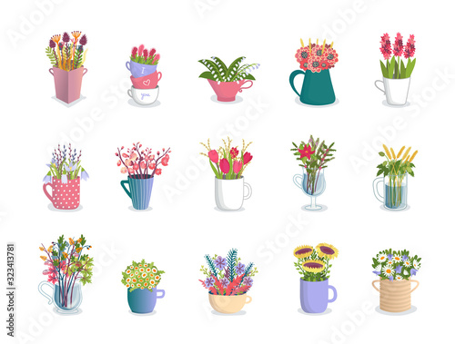 Multicolored flowers in mugs, florist compositions of tulips, orchids, lilies...