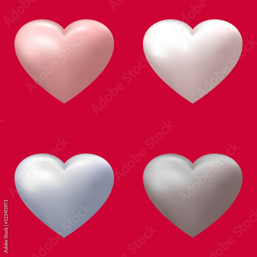 Set of realistic hearts shades of whie, silver, coral color for Valentine's day design on a white isolated background