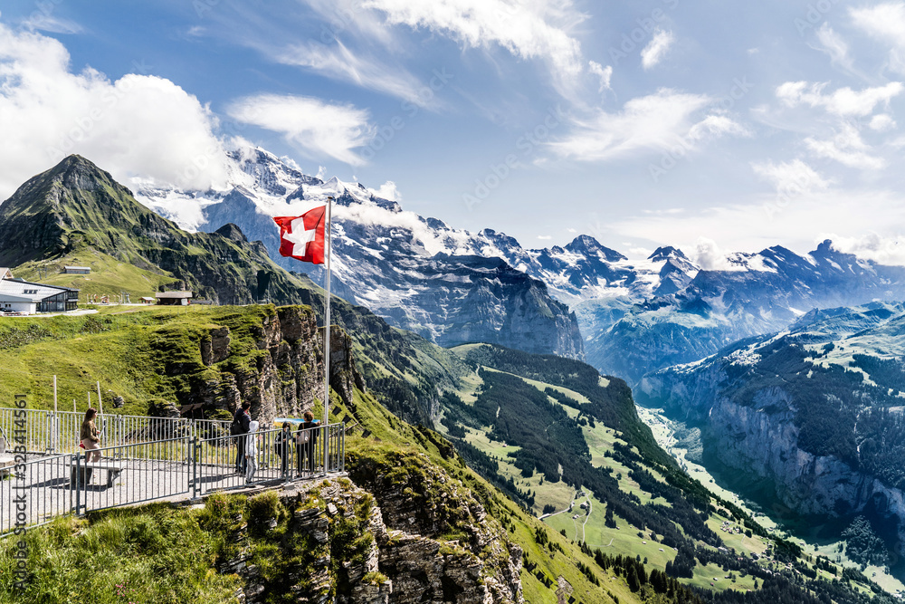 View from  Mount Männlichen into the Lauterbrunnen valley, Wengen, Grindelwald, Bernese Oberland and Alps, Switzerland - obrazy, fototapety, plakaty 