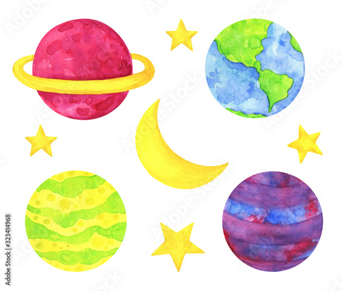 Planet, star, moon, space object. Collection of children's watercolor illustrations isolated on a white background. Multi-colored universe. Pink, yellow, blue, green, purple
