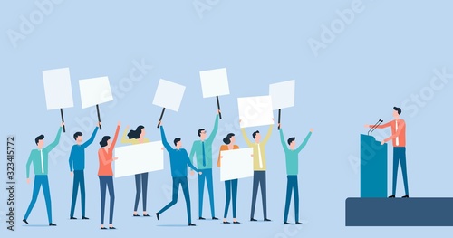 Flat vector political protest and politic vote with group people rally raising  a board  concept