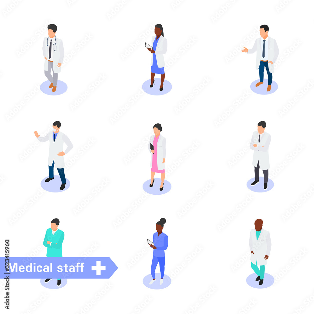 Set of various medical characters isolated on a white background. Medical team and staff.