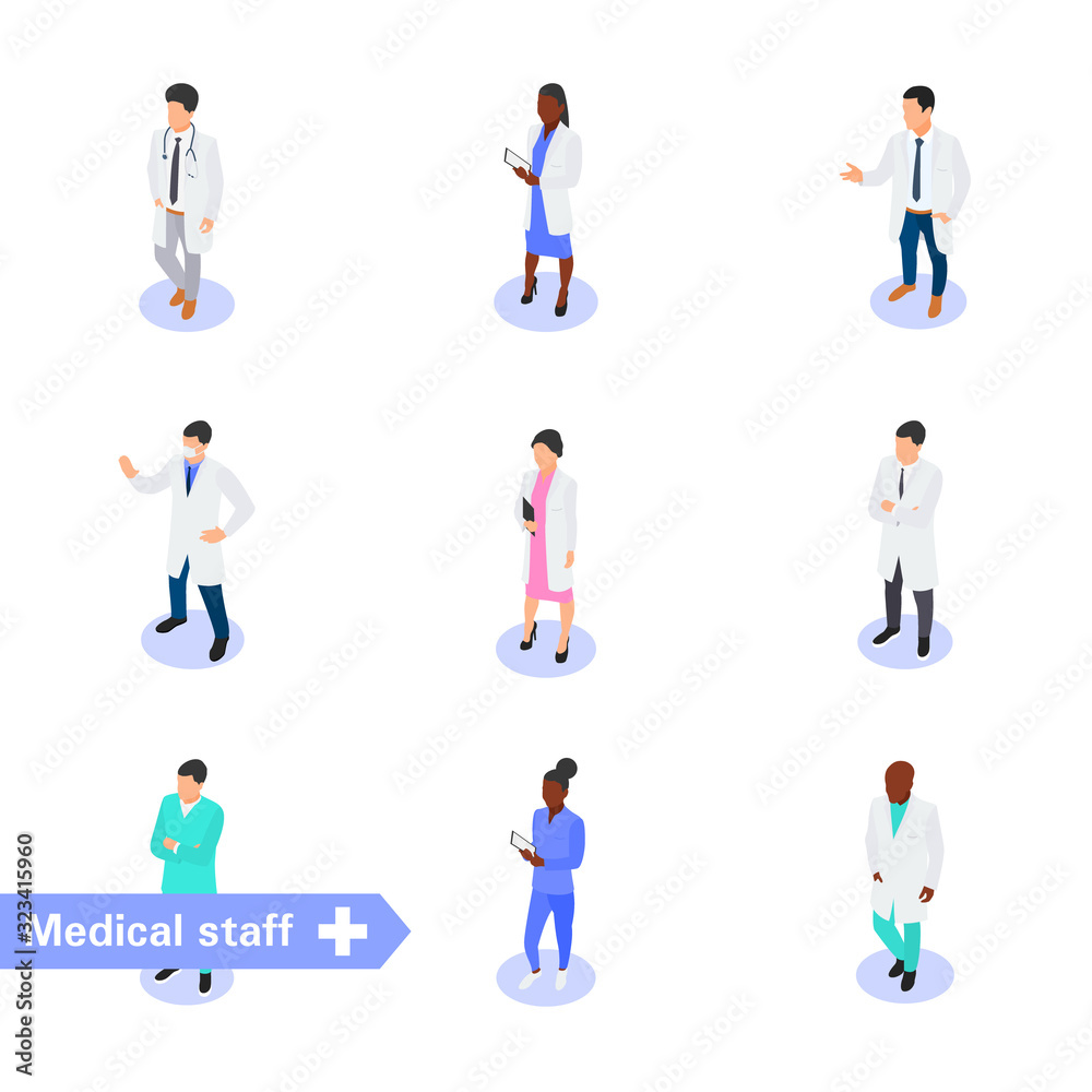 Set of various medical characters isolated on a white background. Medical team and staff. Set of various medical characters isolated on a white background. Medical team and staff.