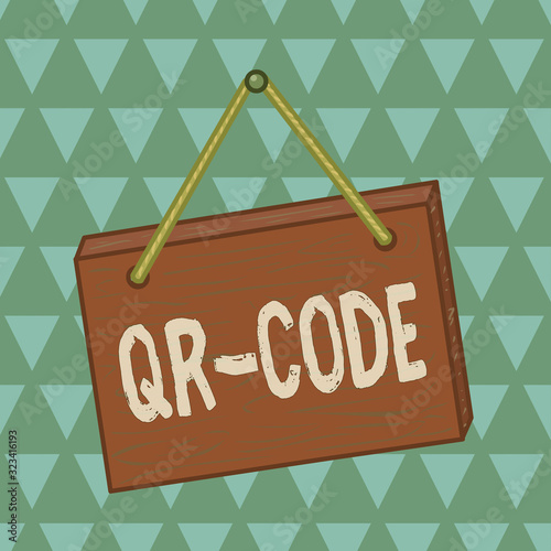 Text sign showing Qr Code. Business photo showcasing the trademark for a type of matrix barcode A machinereadable code Square rectangle unreal cartoon wood wooden hang down on the coloured wall photo