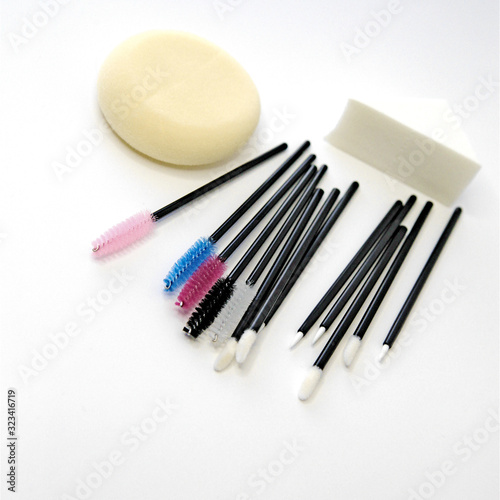 Konstfotografi Disposable beauty applicators mascara lipstick eyeliner wands and foundation spo