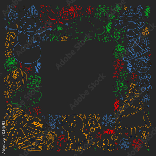 Christmas pattern with little children. Santa Claus and snowman. Ski, sledge, ice skating.