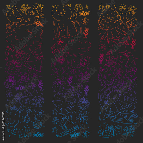 Christmas pattern with little children. Santa Claus and snowman. Ski, sledge, ice skating.