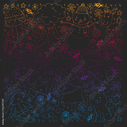 Christmas pattern with little children. Santa Claus and snowman. Ski, sledge, ice skating.