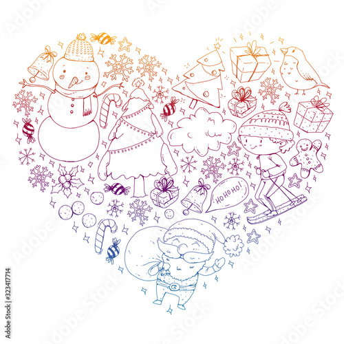 Christmas pattern with little children. Santa Claus and snowman. Ski, sledge, ice skating.