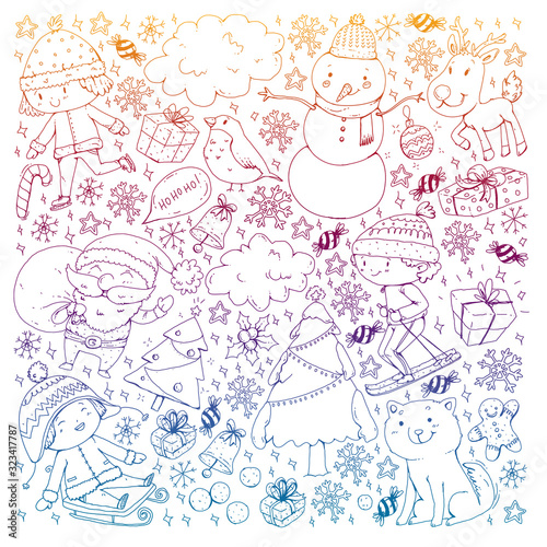 Christmas pattern with little children. Santa Claus and snowman. Ski, sledge, ice skating.
