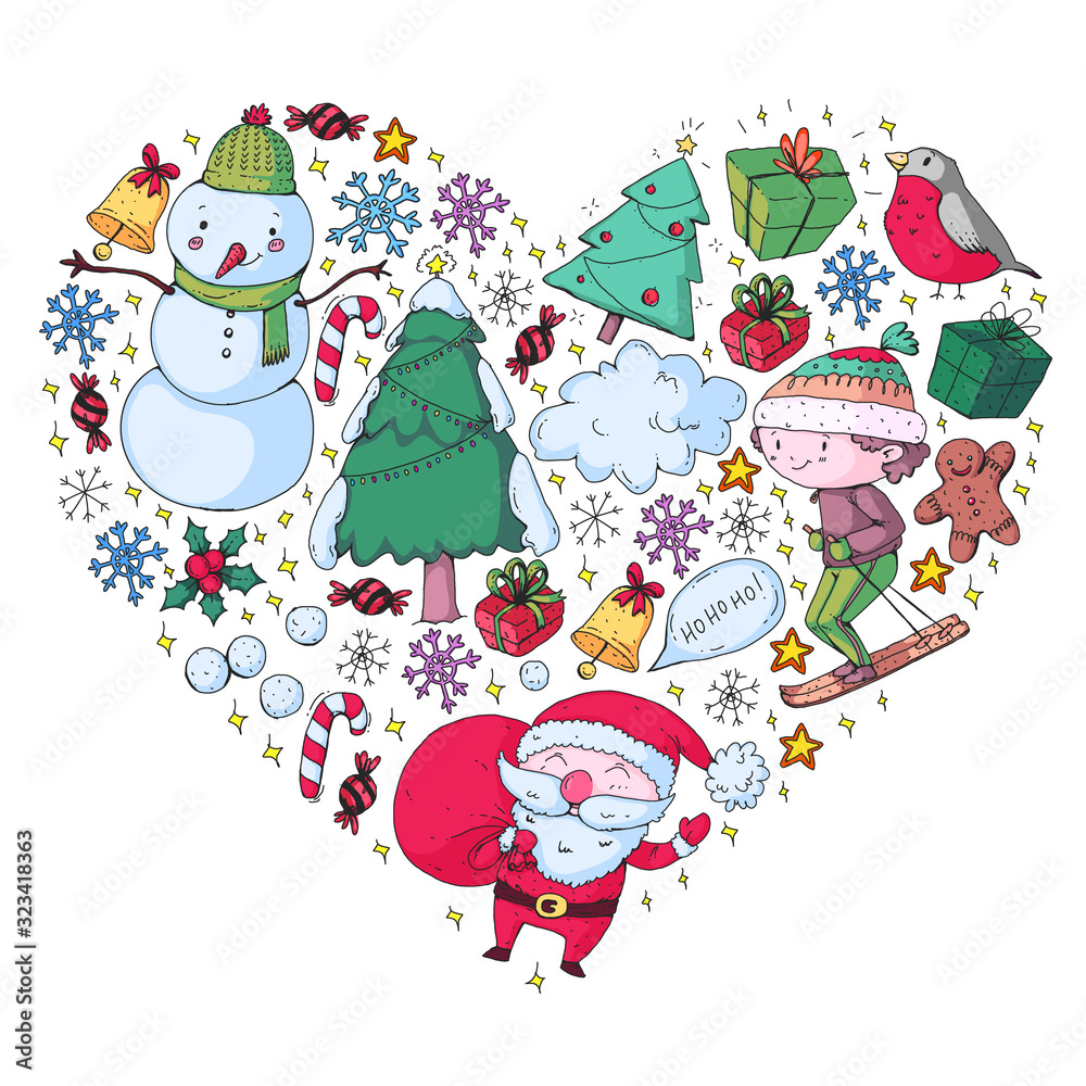 Fototapeta premium Christmas pattern with little children. Santa Claus and snowman. Ski, sledge, ice skating.