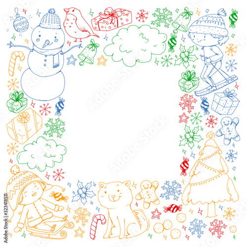 Christmas pattern with little children. Santa Claus and snowman. Ski, sledge, ice skating.