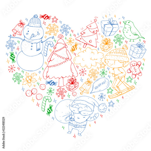 Christmas pattern with little children. Santa Claus and snowman. Ski, sledge, ice skating.