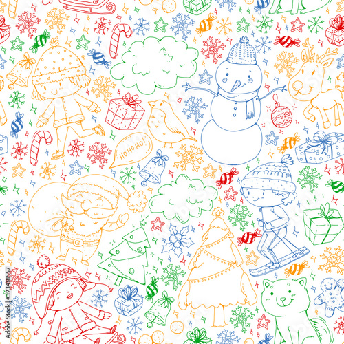 Christmas pattern with little children. Santa Claus and snowman. Ski, sledge, ice skating.
