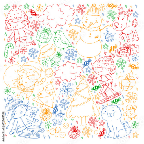 Christmas pattern with little children. Santa Claus and snowman. Ski, sledge, ice skating.