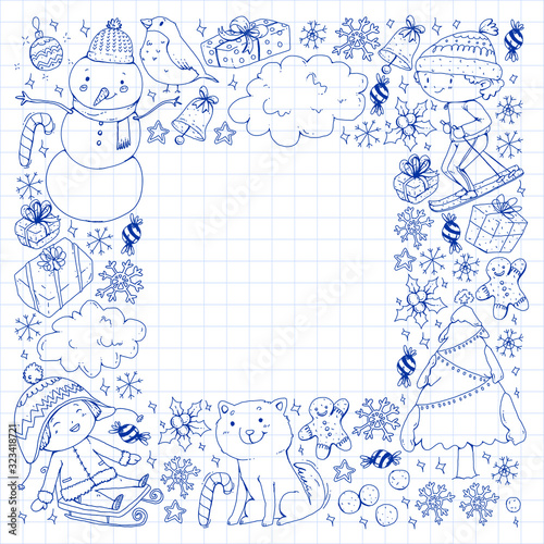 Christmas pattern with little children. Santa Claus and snowman. Ski, sledge, ice skating.
