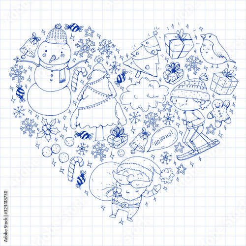 Christmas pattern with little children. Santa Claus and snowman. Ski, sledge, ice skating.
