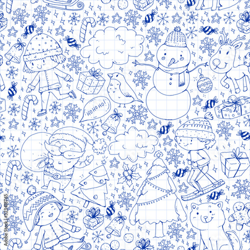 Christmas pattern with little children. Santa Claus and snowman. Ski, sledge, ice skating.