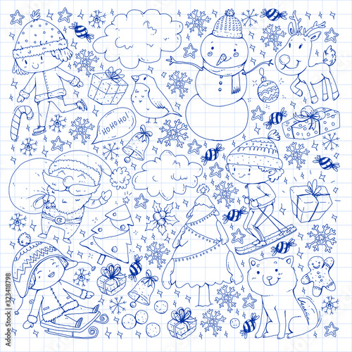 Christmas pattern with little children. Santa Claus and snowman. Ski, sledge, ice skating.