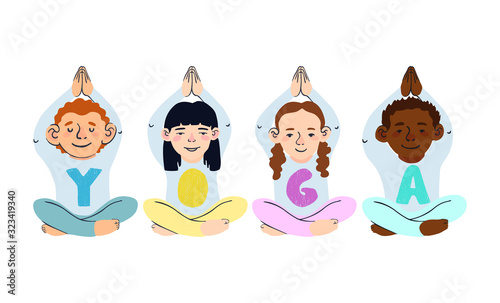 Vector set with colorful illustrations of children doing yoga different yoga poses or gymnastic exercises, isolated on white background