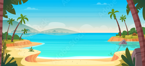 Cartoon summer wild paradise beach. Paradise nature vacation, ocean or sea seashore. Seaside landscape