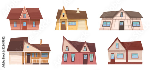 Collection of private houses and cottages. Cartoon villas and resorts