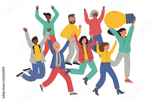 Soft skills concept. Running multicultural businessmen with creative idea. Colored flat vector illustration. Isolated on white background.