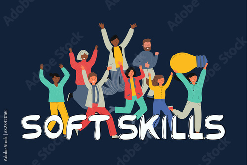 Soft skills concept. Running leader and comand with creative idea. Lettering Soft skills. Colored flat vector illustration. photo