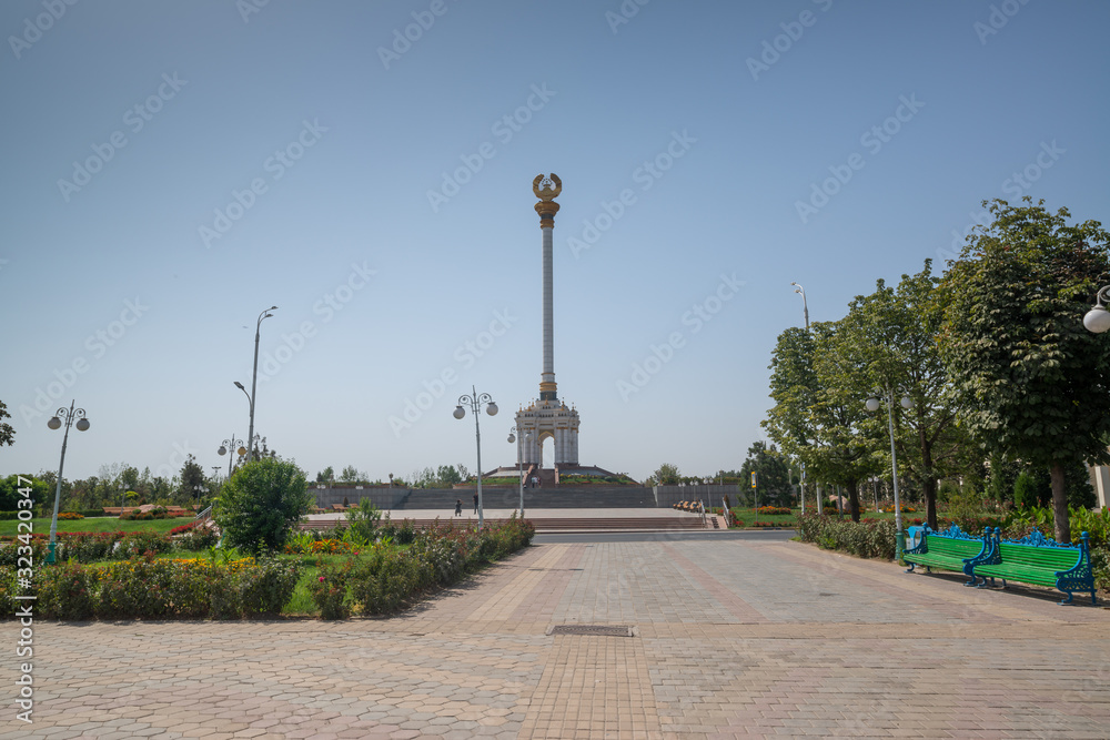 Independence Monument near Rudaki Park on a sunny day in Dushanbe, Tajikistan