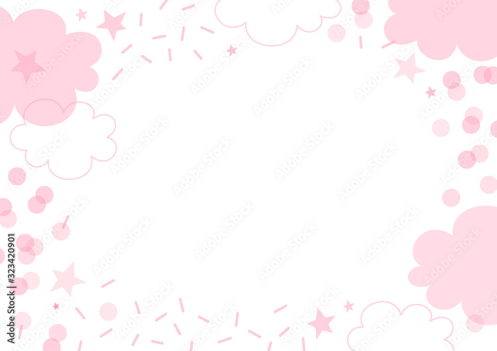 Pink linear and flat transparent overlaying cloud shape with dash round confetti star vector horizontal frame illustration isolated on white background. Festal baby girl birthday party abstract