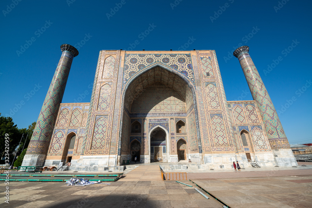 Registan square on a sunny day in Samarkand, Uzbekistan