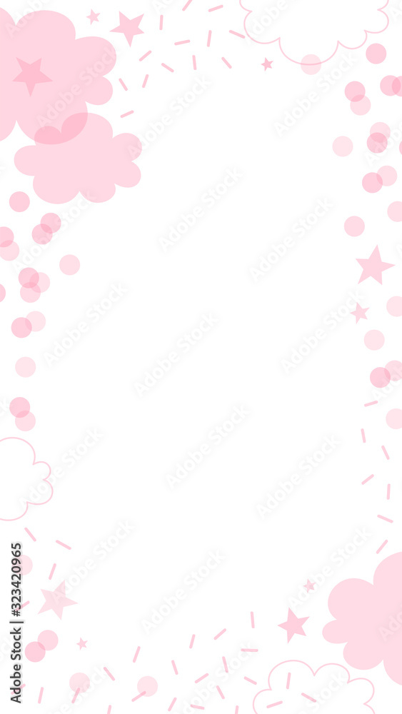 Pink linear flat transparent overlaying cloud shape with dash round confetti star vector vertical frame illustration isolated on white background. Festal baby girl birthday party abstract backdrop Pink linear flat transparent overlaying cloud shape with dash round confetti star vector vertical frame illustration isolated on white background. Festal baby girl birthday party abstract backdrop
