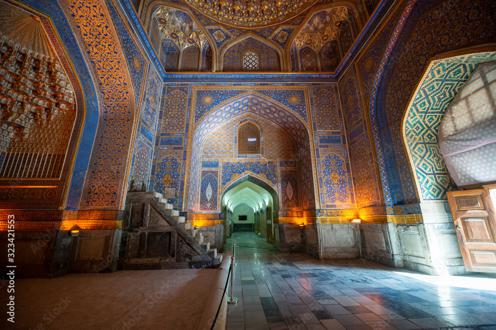 The interior of the mosque in the Tilla-Kari Madrasah on the Registan square, Samarkand, Uzbekistan