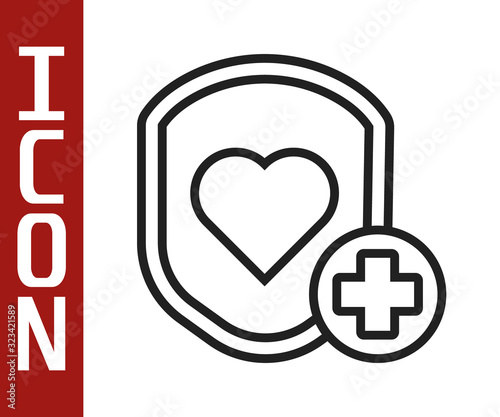 Black line Shield and heart rate icon isolated on white background. Health protection concept. Health care. Vector Illustration