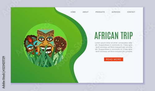 Africa trip and travel vector web template. Illustration of african and voodoo masks. Ritual african ethno symbols. Colorful zulu totem afro faces for travel agency website or landing.