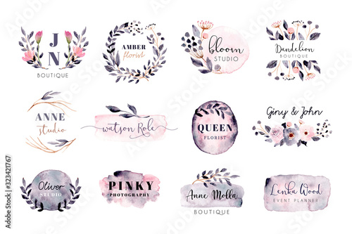 premade logo with grey pink brush stroke and floral watercolor